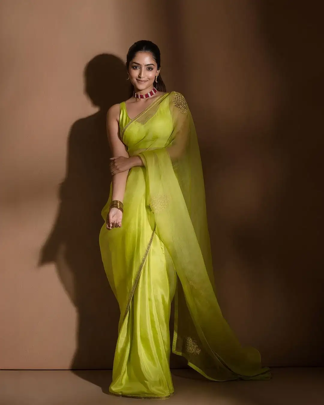 Indian Actress Reba Monica John In Lemon Green Saree